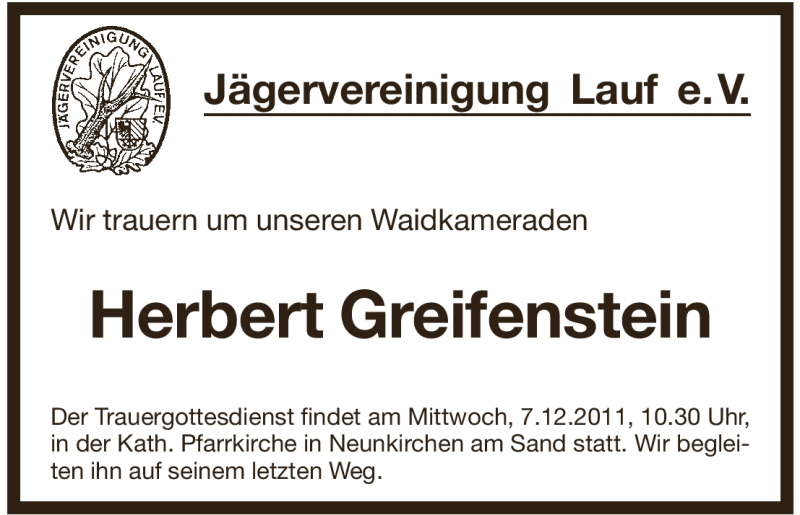  Traueranzeige für Herbert Greifenstein vom 05.12.2011 aus Pegnitz-Zeitung